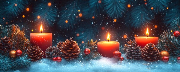 A festive arrangement of candles, pine cones, and snow, creating a warm holiday atmosphere amidst a snowy backdrop.