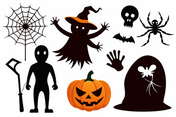 Halloween black silhouettes, kids holiday clipart bundle - witch, witch hat, cat, monster, ghost, spider web, broom, bat, candies, grave and zombie - isolated elements on white background vector