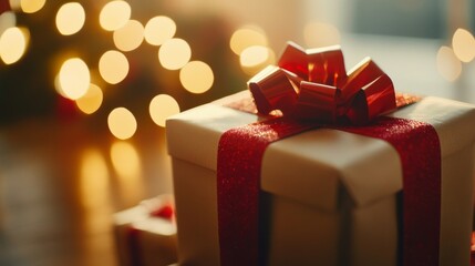 Cinematic low angle shot of a stack of presents tied with festive ribbons, illuminated by soft natural light