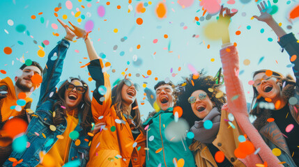 Friends cheer joyfully under a shower of confetti, embracing the lively atmosphere of celebration.