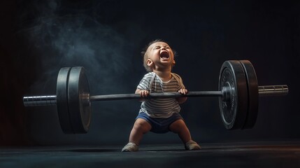 Cute baby doing deadlift with big barbell screaming happy face