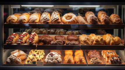 Glass display case, showcase of a bakery and confectionery shop with fresh baked goods, buns and cakes.