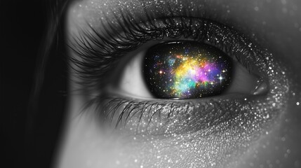close up detail of womans eye, there is a galaxy with stars in the eye, dark photo, the face is in black and white but the galaxy is colorful