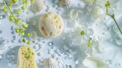 Delicate arrangement of seashells, sponges, and flowers on a serene blue surface, creating a tranquil, coastal ambiance.