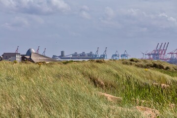 view on dunes and liverpool port in Crosby, UK