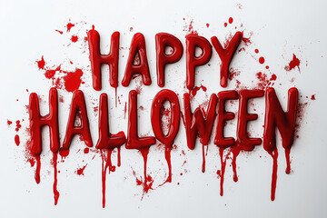 Blood is dripping from the letters forming the sentence happy halloween on a white background