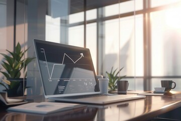 A sleek office setup features a computer displaying growth charts, surrounded by plants and cups, illuminated by soft morning sunlight. Generative AI