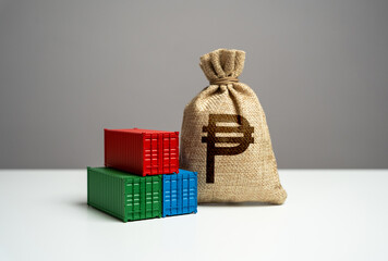 Philippine peso money bag and sea ship containers. Import or export. Trade, economics and transport...