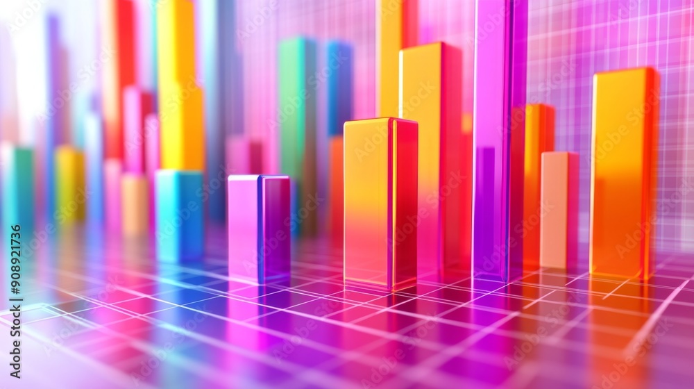 Poster abstract 3d financial graph with colorful bars and lines on a grid background.