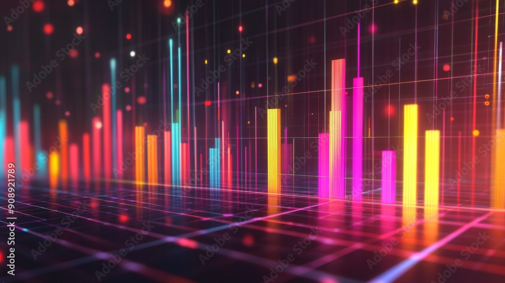 Poster abstract 3d financial graph with colorful bars and lines on a grid background.