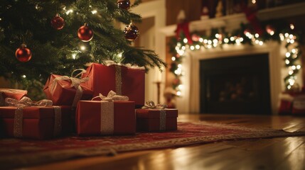 Cinematic low angle shot of presents stacked under a Christmas tree, illuminated by soft natural light