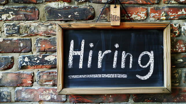 Blackboard with hiring sign written with chalk hanging on a rustic brick wall