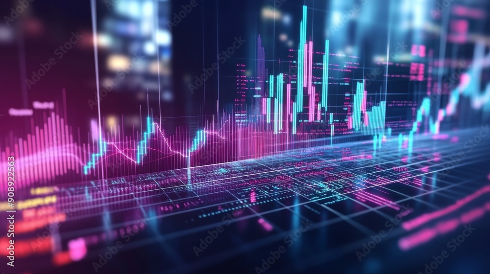 Fototapete Abstract 3D financial graph with dynamic lines and bars representing market data.