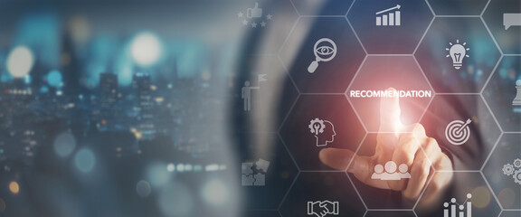 Recommendations and business  solutions concept. Businessman interacting with a digital interface...