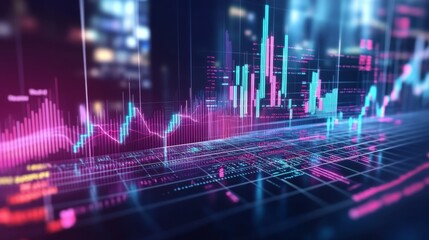 Abstract 3D financial graph with dynamic lines and bars representing market data.