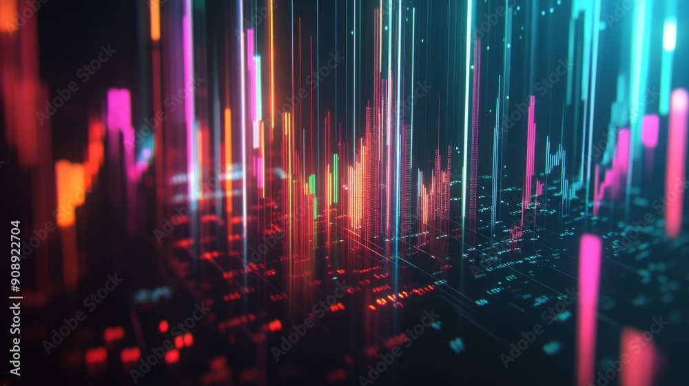 Aufkleber abstract 3d financial graph with glowing lines and bars illustrating market fluctuations.