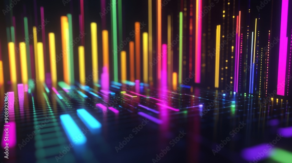 Poster abstract 3d financial graph with vibrant, colorful bars and lines on a dark background.