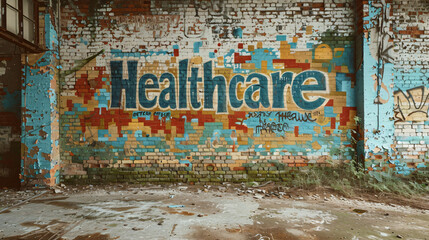 Healthcare sign adorns a vibrant brick wall in a deserted building