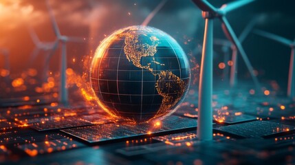 Abstract 3D globe with glowing solar panels and wind turbines, highlighting clean energy.