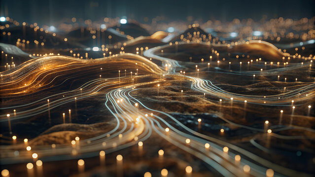 Abstract data streams flowing through a cyber landscape Abstract background