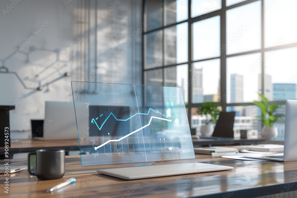 Leinwandbilder Natural light floods a sleek office space showcasing an interactive display illustrating data trends on a laptop. Generative AI