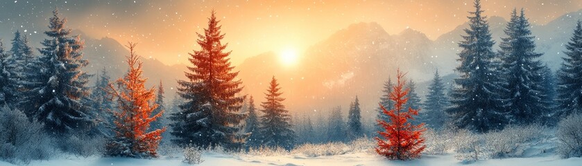 A serene winter landscape featuring snowy trees and a vibrant sunset, creating a peaceful and enchanting atmosphere.