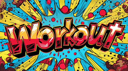 Retro comic book style phrase workout with vibrant illustrations and explosive background