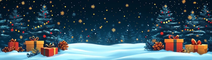 A serene winter landscape with snow, evergreen trees, and colorful gifts under a starry night sky, perfect for holiday themes.
