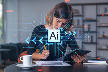 Woman working on tablet with AI concept overlay in modern office.