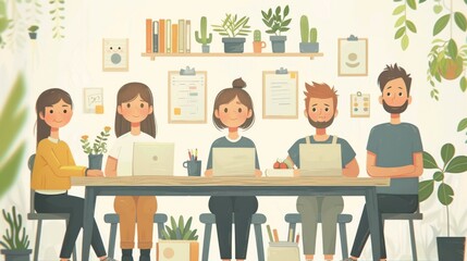 vector illustration with minimal style of an office desk with people