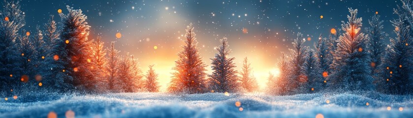 A tranquil winter landscape featuring snow-covered trees illuminated by a warm glow, creating a serene and magical atmosphere.