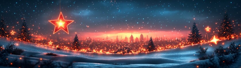 A tranquil winter landscape with glowing stars, gentle snowflakes, and a serene atmosphere at dusk, perfect for holiday themes.