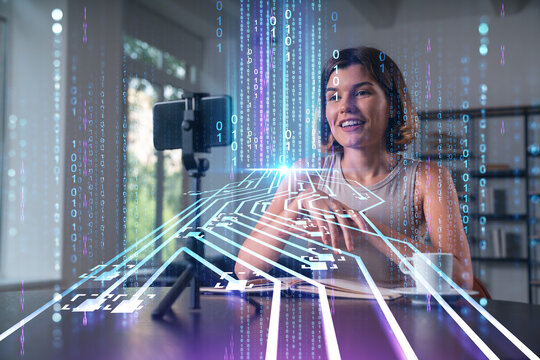Woman recording video with digital binary code overlay, concept of technology and communication.