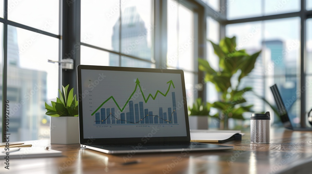 Aufkleber a sleek office features a laptop displaying rising graphs, surrounded by greenery, with natural ligh
