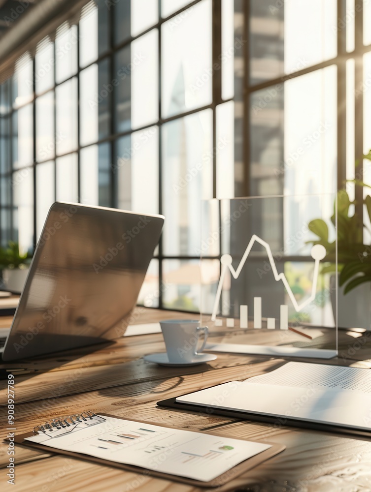 Poster a sleek office features a laptop, notepad, and a coffee cup, all bathed in natural light while displ