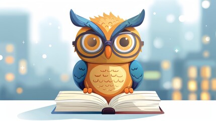 cartoon smart owl in glass with book on a white background