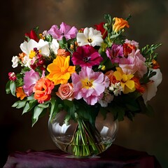 Stunning Bouquet of Vibrant Flowers in a Glass Vase on a Table