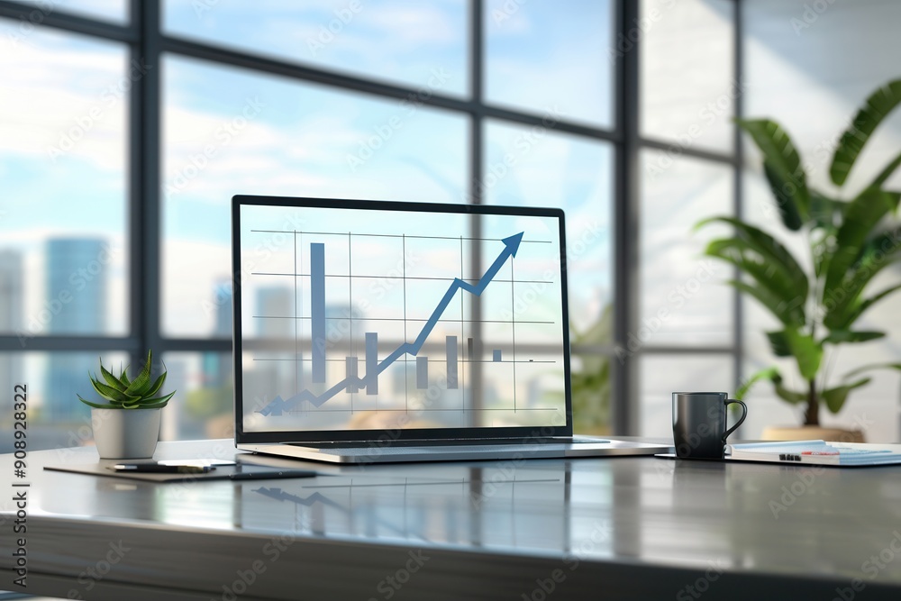 Poster a bright office features a laptop displaying a rising graph, surrounded by greenery, emphasizing pro