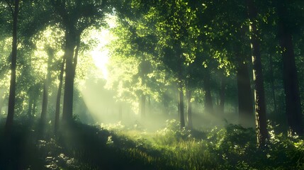 Peaceful Forest with Sunlight Filtering Through Lush Foliage