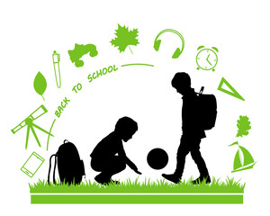 Back to school. Children silhouettes with school icons on white background. Vector illustration.	
