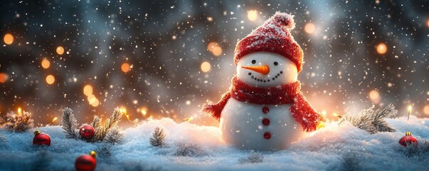 Charming snowman in a winter wonderland, adorned with a bright scarf, capturing the festive spirit of the holiday season.