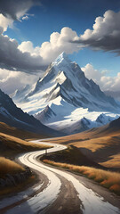 Winding Road to Snow-Covered Mountain Peak