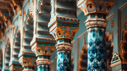 Fototapeta premium Ornate columns featuring intricate designs and vibrant colors, capturing the beauty of classical architecture indoors in a grand setting.