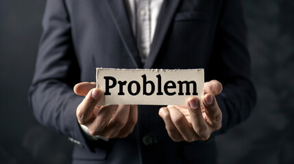 Businessman holds a sign with the word issue written on it