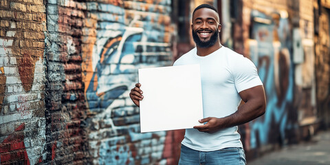 Portrait of African Man Holding Blank Paper in Urban Graffiti Setting, Space for Custom Messages

