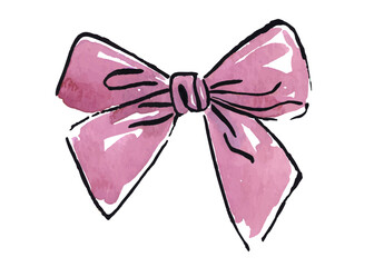 Pink ribbon bow illustration with black outline. Watercolor style isolated on white background. Decorative design for greeting cards and invitations.