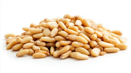 pile of peeled pine nuts on a white background 