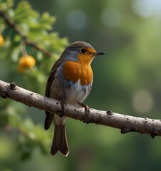 robin on a branch , . natural panoramic photo with little funny birds and Chicks sitting on a branch in summer