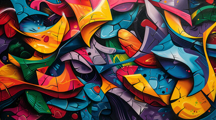 intricate street art mural, bold and vibrant graffiti design with abstract shapes and vivid colors, dynamic urban expression on brick wall, colorful and detailed artwork