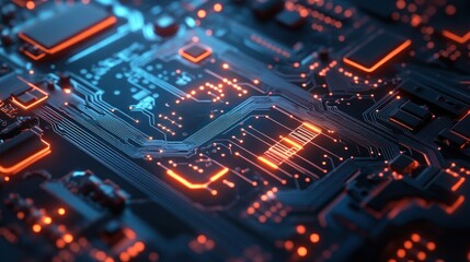 Fototapeta premium Close-up of a Circuit Board with Glowing Orange Lines